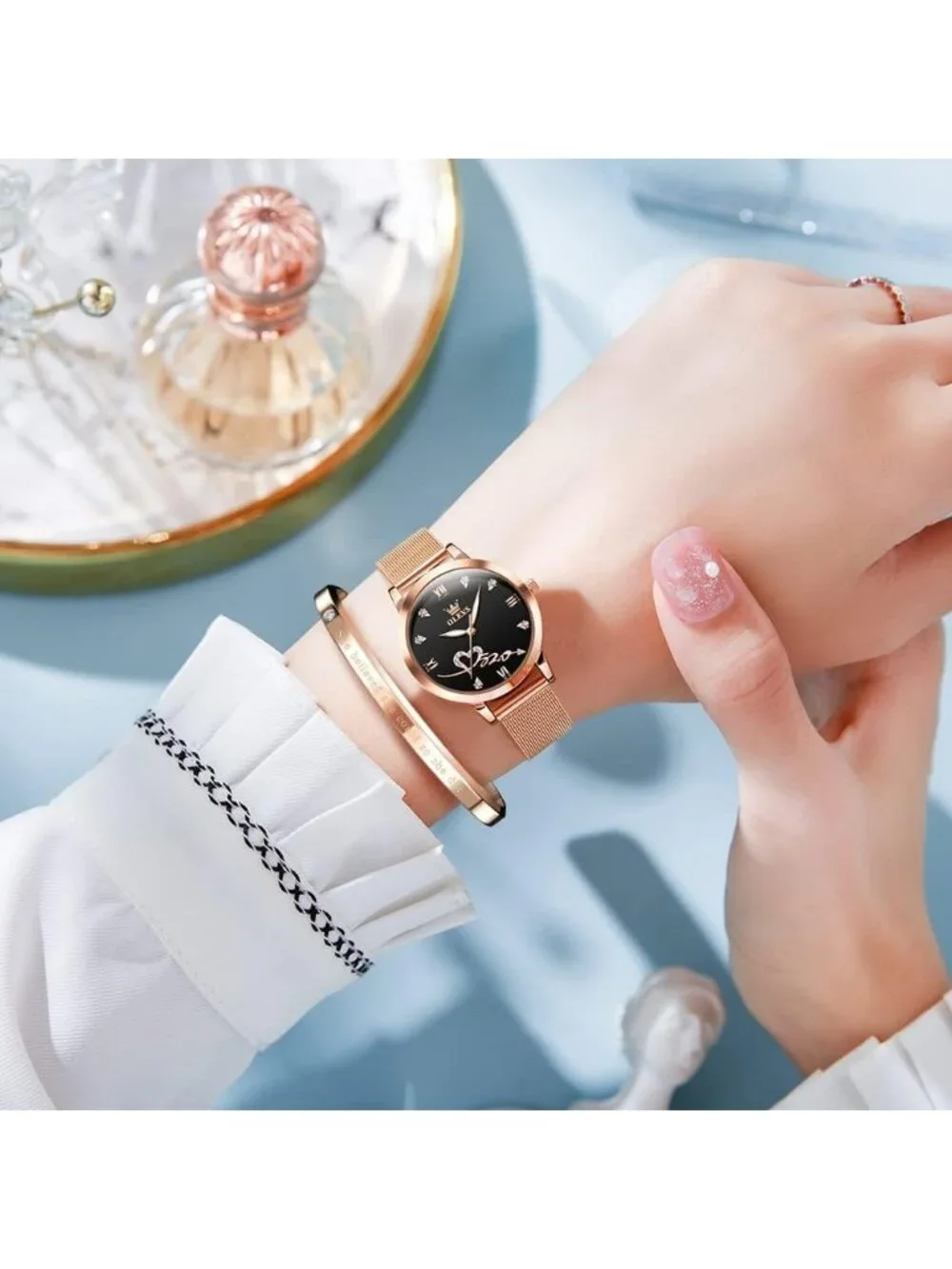 Women's Rose Gold Black Mesh Strap Fashion Dress Heart Quartz Bracelet Set Watch
